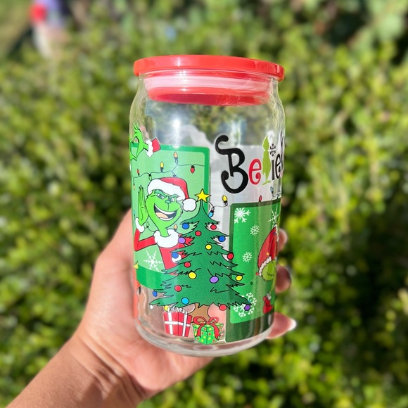 Believe Grinch 16oz Authentic Libby Glass Can with Bamboo Lid and Straw - Picture 3 of 6